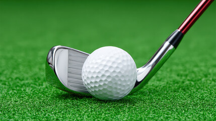 Golf club iron with white golf ball on green grass closeup, sports equipment for outdoor game with shiny metal and textured surface