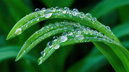 Naklejka premium Dew covered green grass blades shimmering with water droplets in close up nature macro photography with fresh vibrant colors