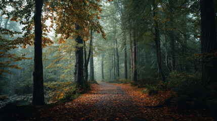 Obraz premium An inviting forest path covered in autumn leaves offers a peaceful and cozy experience.