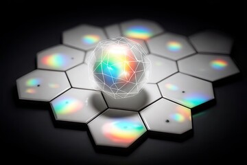 Crystal orb on a hexagonal grid, iridescent reflections