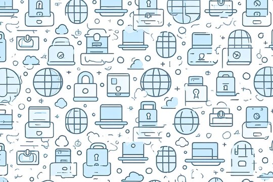 Light blue outline icons of various technology security elements on a white background, creating a repeating pattern