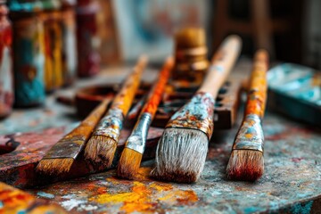Used paintbrushes, covered in vibrant paint, on a splattered artist's table