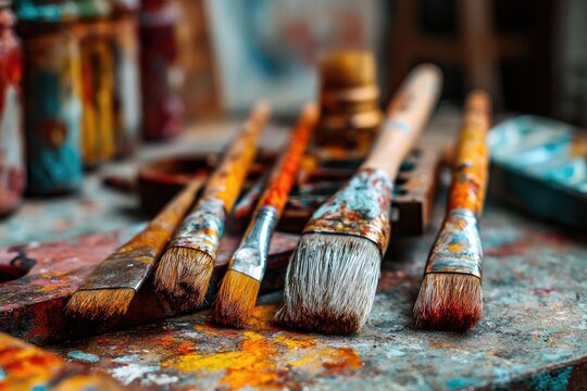 Used paintbrushes, covered in vibrant paint, on a splattered artist's table