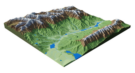 Isometric 3D topographic map of a mountain range landscape, a digitally rendered visualization of a river valley with snow-capped peaks on a white background.