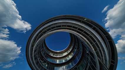 Worm's eye view of a modern circular building against a blue sky with scattered white clouds
