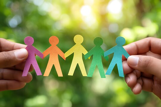 Hands holding colorful paper chain people against a blurred green background