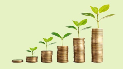 Growing plants on stacked golden coins symbolizing financial growth