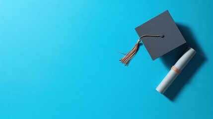 Graduation Cap and Diploma on Blue Background, Symbolizing Academic Achievement and the Concept of Commencement.