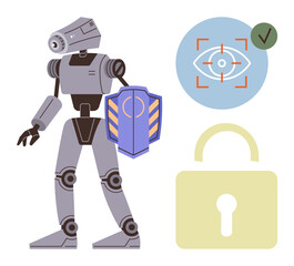 Robot holding shield beside eye scan verification and padlock graphics, emphasizing protection, safety, and futuristic tech. Ideal for cybersecurity, innovation, smart tech, AI, privacy biometrics
