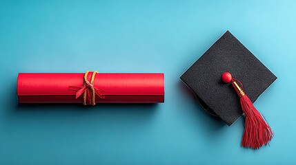 Graduation Cap and Diploma on Blue Background, Symbolizing Academic Achievement and the Concept of Commencement.