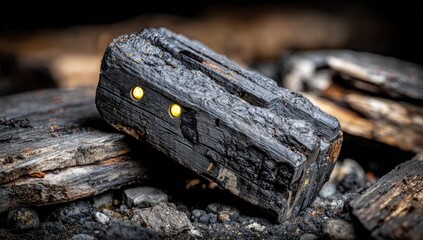 Dark, oblong, charred object with glowing yellow points nestled amidst charred wood