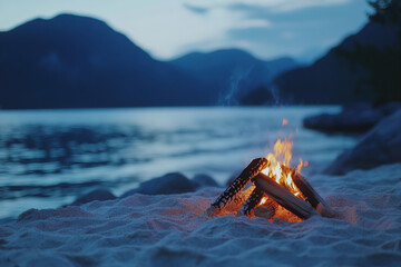 Campfire on sandy beach during the summer and near the sea