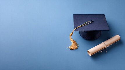 Graduation Cap and Diploma on Blue Background, Symbolizing Academic Achievement and the Concept of Commencement.