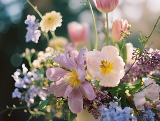 Close-Up Spring Flowers with Tulips and Daisies