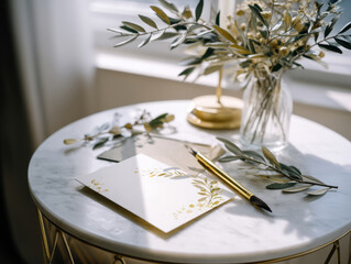Wedding Card Mockup with Olive Branches and Calligraphy Brush