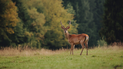 Fototapeta premium Deer in forest. Wild red deer in nature at sunset