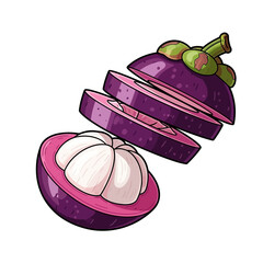 A vibrant illustration of a sliced purple mangosteen revealing its white juicy segments.