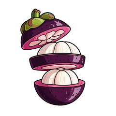 Vibrant cartoon illustration of a mangosteen fruit, sliced open to reveal its white segmented flesh.