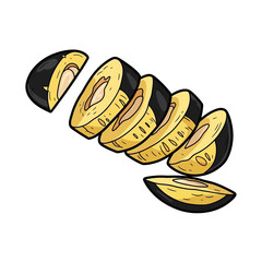 Illustration of sliced black olives, a healthy and flavorful Mediterranean ingredient.