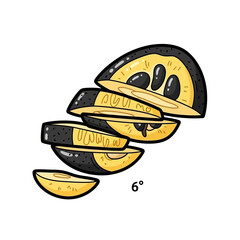 Illustration of sliced fruit with yellow pulp and black skin, showing seeds.