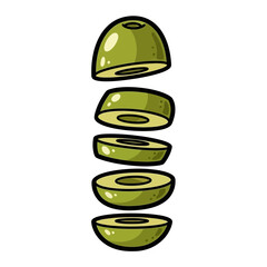 Sliced green olives illustration, detailed cartoon drawing.