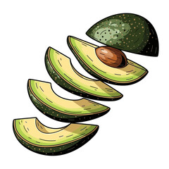 Detailed illustration of a fresh green avocado, sliced into multiple pieces, revealing its pit.