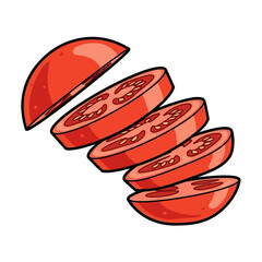 Illustration of sliced red tomato, showing the seeds and juicy flesh.