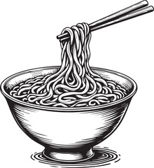 Noodle bowl graphic: Captivating illustration depicts a bowl of noodles lifted gracefully by chopsticks, ideal for food and culinary related projects, evoking simplicity and elegance.