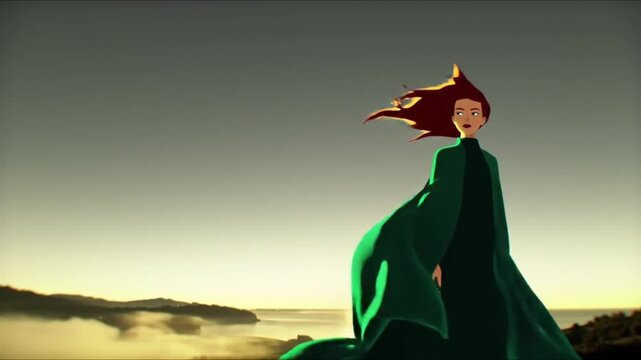 Stylized animation of woman in green cape standing on windy hilltop