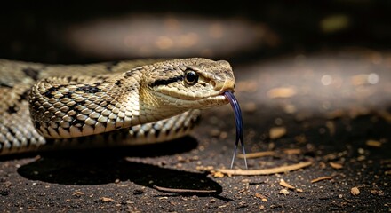 Obraz premium Alert Close-up of Venomous Snake with Flickering Tongue, High Contrast