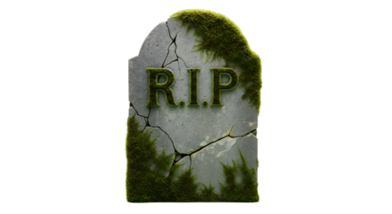 Weathered R.I.P. tombstone covered in lush green moss, symbolizing remembrance and the passage of time, perfect for memorial projects.