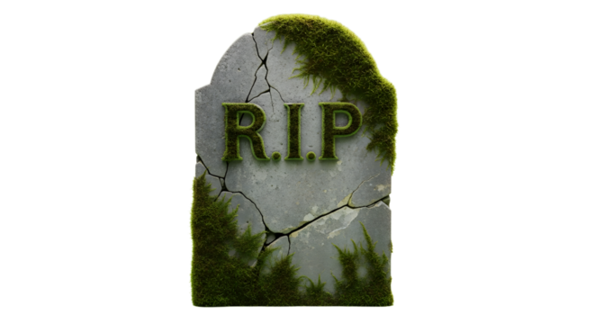 Weathered R.I.P. tombstone covered in lush green moss, symbolizing remembrance and the passage of time, perfect for memorial projects. - Powered by Adobe