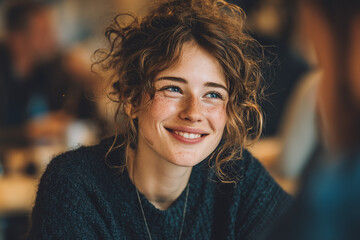 Obraz premium Millennial participant's face lighting up with sudden understanding and relief, slight tension dissolving into a wide, genuine smile