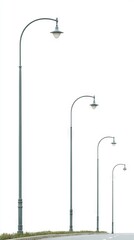 Naklejka premium Series of four street lamps lined along a road, showcasing varying heights and elegant design, with a minimalistic white background emphasizing their structure and form