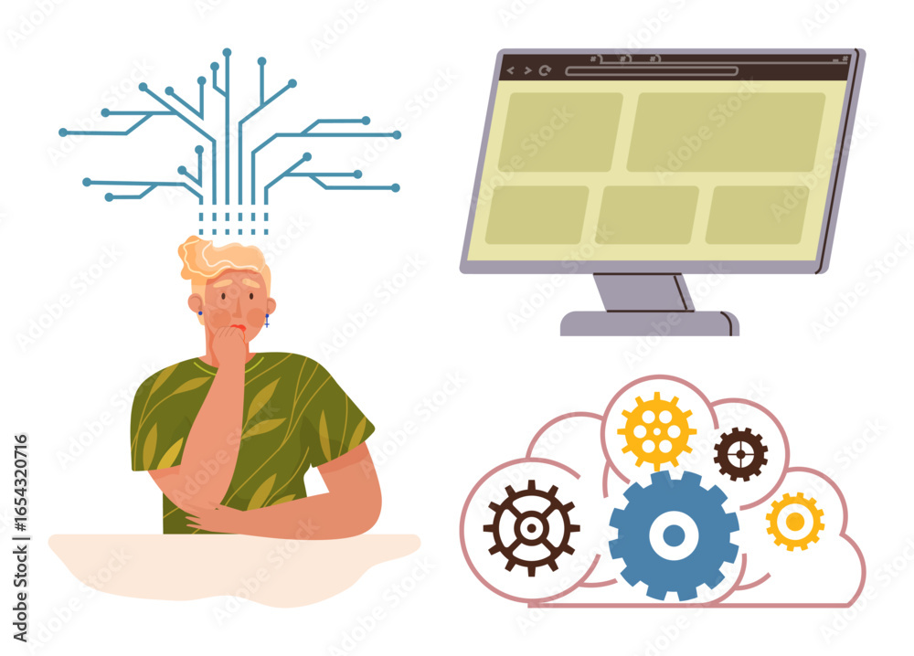 Wall mural person thinking with connected lines, monitor displaying interface, and cloud with gears symbolizing