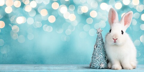 White rabbit sitting beside a glittering blue Christmas tree on a wooden surface, with a soft bokeh background creating a festive and cheerful atmosphere