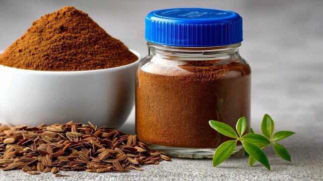 Spice preparation and presentation with ground cumin, seeds, and a clean jar at a modern kitchen countertop