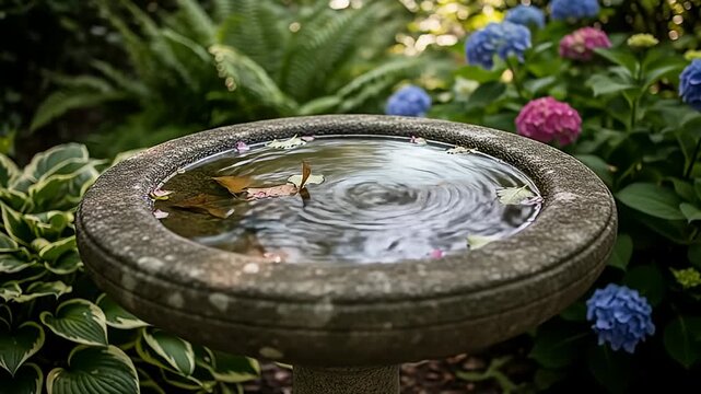 Stone birdbath with water ripples, surrounded by hydrangeas and green foliage