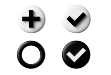 Four black and white icons isolated on transparent background, including a plus sign, check mark, and circle, representing various options and choices