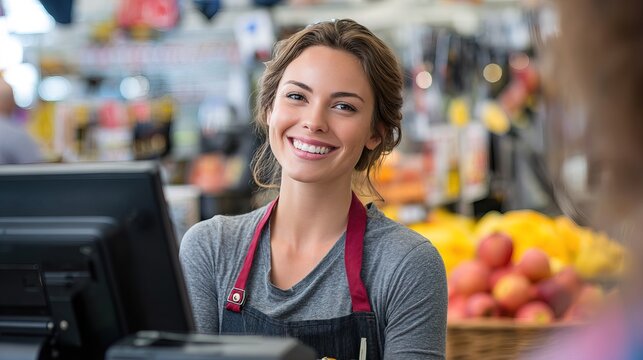 Friendly cashier assisting customers at a grocery store capturing a warm shopping experience in a vibrant market setting