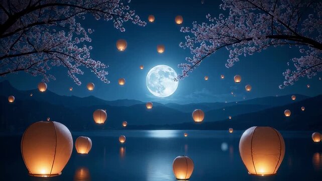 Glowing sky lanterns float over a tranquil lake under a full moon and cherry blossoms, a magical scene representing celebration, wishes, hope and spiritual release
