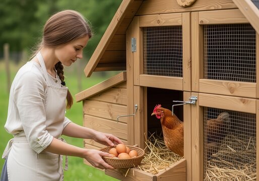 Young woman collecting fresh eggs from chicken coop in rural farm setting