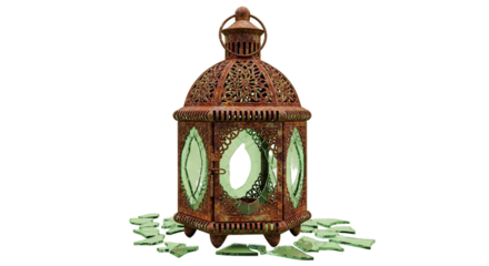 Discover this antique, ornate Moroccan lantern with intricate filigree and broken glass, evoking a sense of mystery and lost elegance.