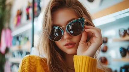 Fashion model showcasing trendy sunglasses in a boutique store urban environment close-up view style and beauty concept