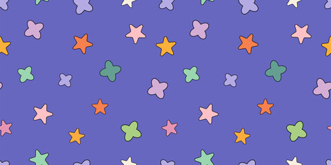 Retro Y2K seamless pattern featuring vibrant stars and bold colors. Ideal for textiles, kids’ rooms, fun party decorations, and cheerful graphic design with a nostalgic pop style.