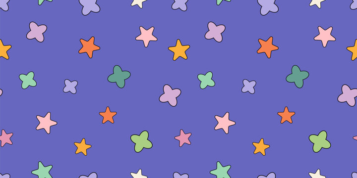Retro Y2K seamless pattern featuring vibrant stars and bold colors. Ideal for textiles, kids’ rooms, fun party decorations, and cheerful graphic design with a nostalgic pop style.