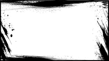 Grunge painted frame background texture. Vintage distressed black and white abstract artistic paint border. Blank 8k 16:9 empty isolated grungy rough brush stroke corner design backdrop. Vector
