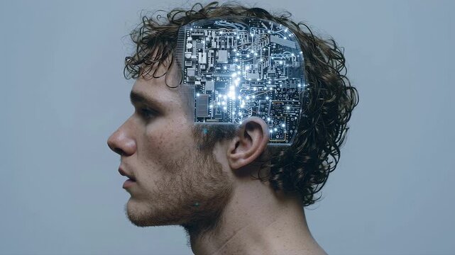 A young man's profile with an integrated glowing circuit board brain, symbolizing artificial intelligence, cyborgs, transhumanism and the future of neural interface technology