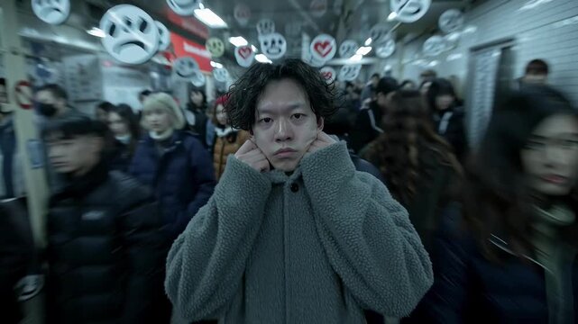 A lonely young man stands still in a blurred crowd surrounded by floating emotion icons, representing social anxiety, mental health and the pressure of public image in a digital age