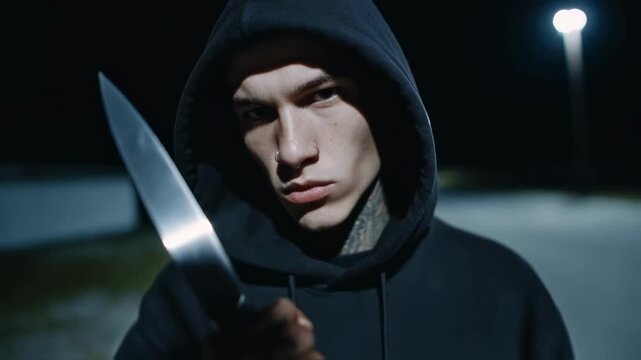 A menacing young man in a black hoodie with tattoos threatens with a knife on a dark street at night, representing urban crime, danger and personal threat